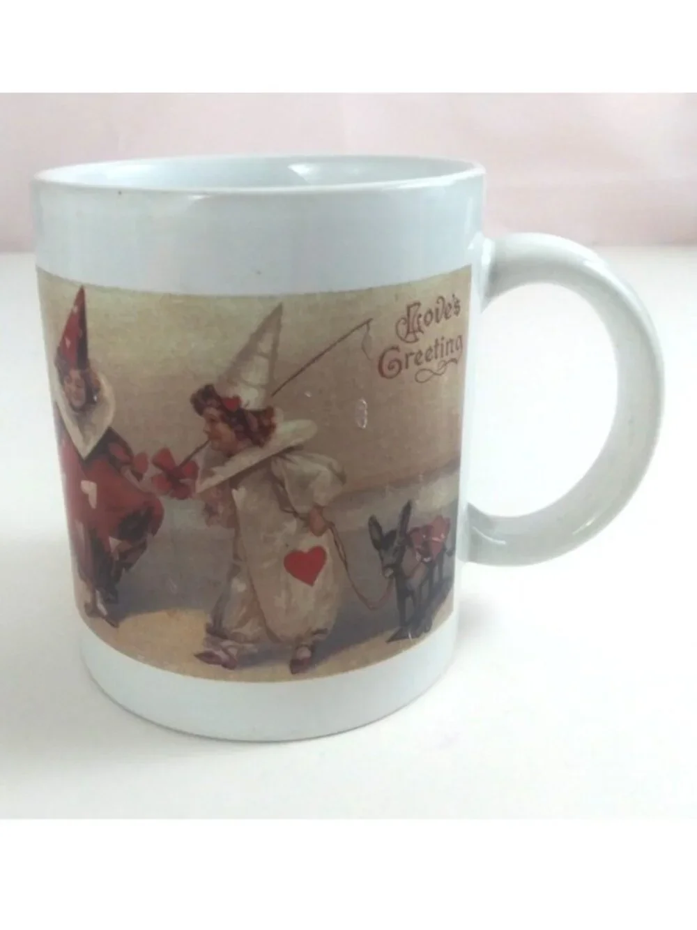 Vintage Loves Greetings Victorian Valentine Clowns Design Coffee Cup